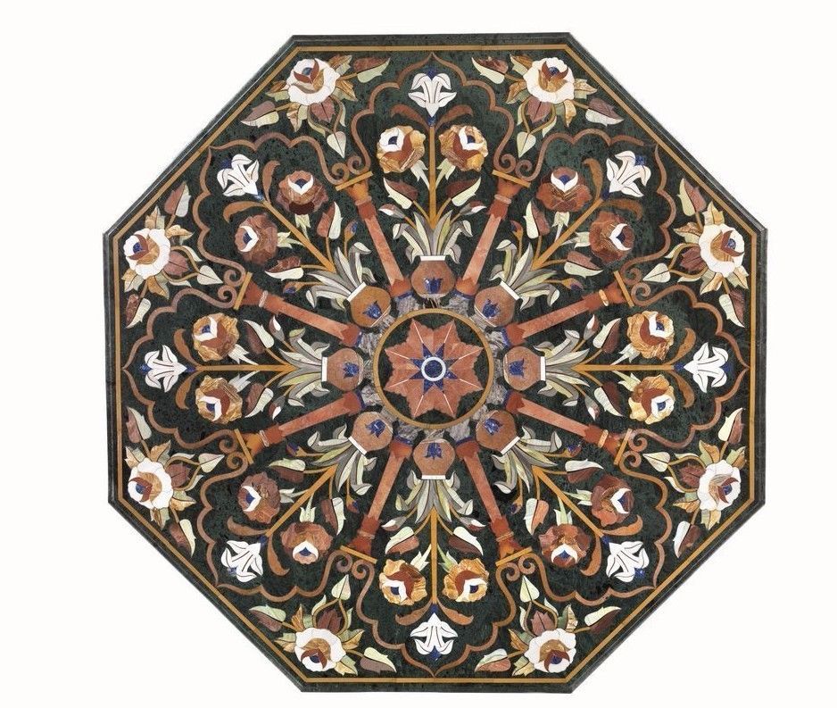 48-inch green marble coffee table with semi-precious stone floral inlay