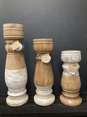 Mud Pie Set/3 Mango Wood Colorblock Candlestick Rustic Farmhouse Distressed NWT