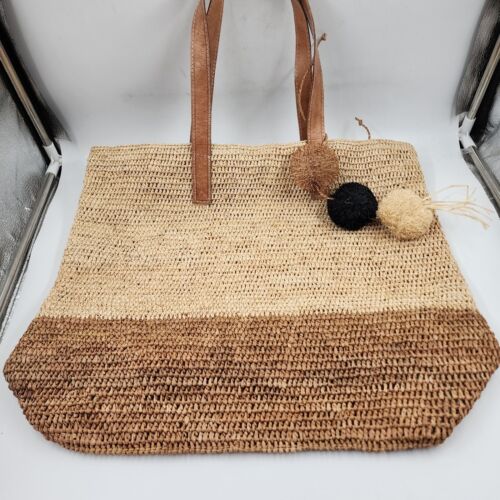 Mar Y Sol Montauk Tote Bag Women's One Size Sand Raffia Pom-Poms Snap Closure - Picture 1 of 19