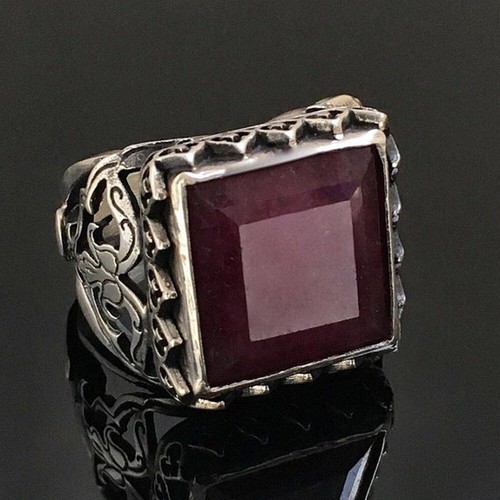 Solid 925 Sterling Silver Natural Ruby Corundum Gemstone Signet Men's Gift Ring - Picture 3 of 9