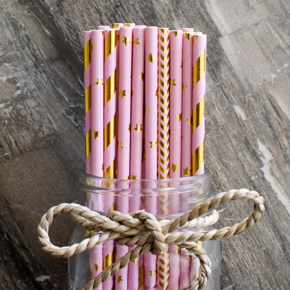 Pajitas de papel desechables de oro rosa 100 para cumpleaños de baby shower Foto 4 de 4