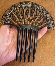 Vintage Art Deco Celluloid Black Two Tone Hair Comb Orange Black Rhinestone