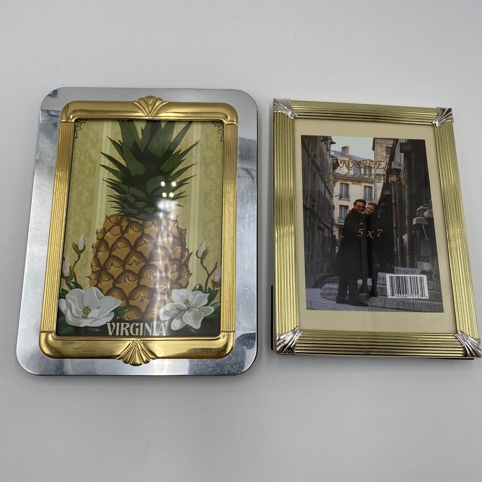 Two Tone Metal Picture Frames Set of 2 Vintage Gold Silver Art Deco 5x7 Photo - Image 3 of 4