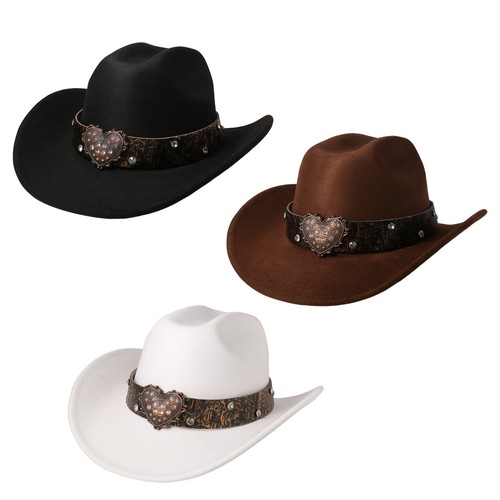 Womens Heart Rhinestone Western Cowgirl Hat Faux Suede Felt Cowboy Hat Wide Brim