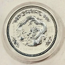 2000 $1 Australia 1 Oz .999 Fine Silver Lunar Year of the Dragon Coin In Capsule