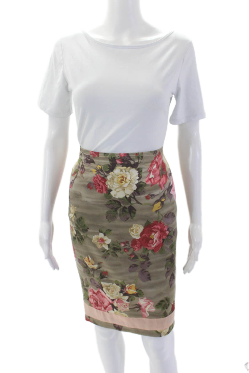 Rebecca Taylor Beige Floral Printed Silk Midi Skirt with Zip Size 02
