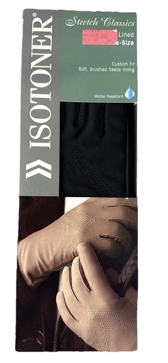 Isotoner Stretch Classics BlackFleece-Lined Gloves One Size Water Resistant