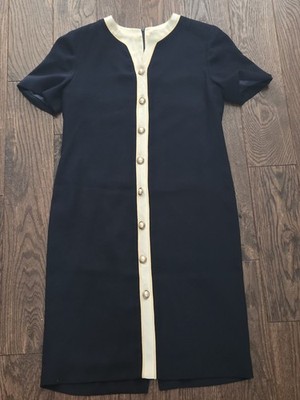 Talbots Womens Dress 4 Navy Ivory Faux Pearl Button Sheath Midi Career Cocktail