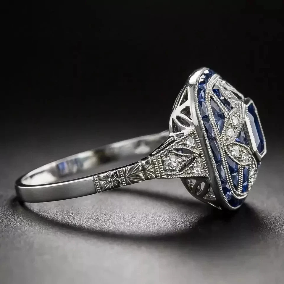 Art Deco Style Lab Created Sapphire Wedding & Engagement 14k White FN Gold Ring