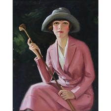 Edna Crompton (1882-1952), The Lady Golfer 21"x16" oil on canvas VINATGE GOLF