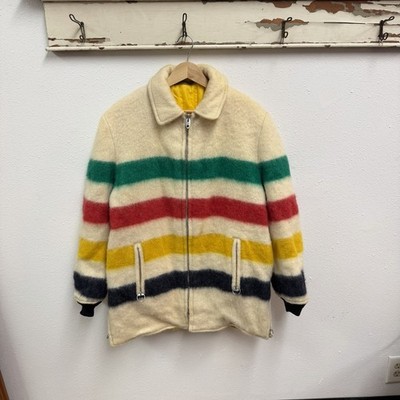 Vintage 1960s Hudson Bay (?) Striped Blanket Reversible Wool Jacket Rare Large