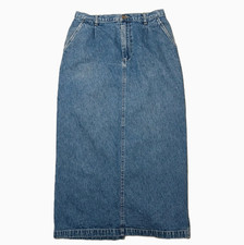 Vintage Cherokee Long Denim Skirt Pleated M Straight Blue Jean Midi Skirt Modest