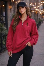 Walt DISNEY World Mickey Mouse Red Fleece Pullover Quarter 1/4 Zip Sweatshirt