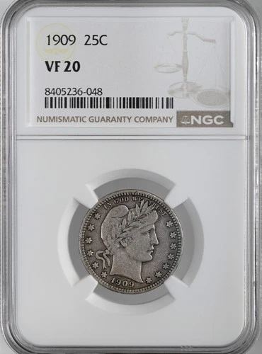 1909-P  25C  BARBER SILVER QUARTER  PHILADELPHIA  NGC VF20  #8405236-048