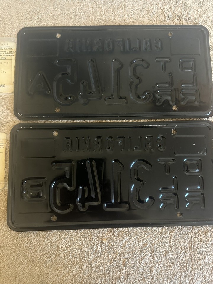 California License Plate DLR TLR 3145 A & 3145 B Black 1975 Tag & REG