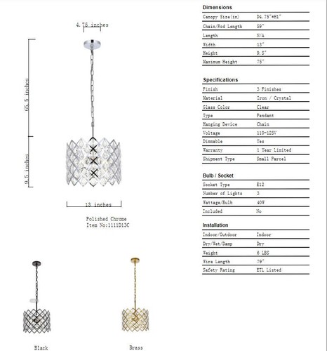 Crystal Chandelier Pendant Black Modern Dining Room Kitchen 3 Light Fixture 13in - Picture 9 of 9
