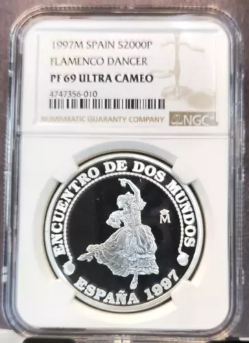 1997 SPAIN SILVER 2000 PESETAS FLAMENCO DANCER NGC PF 69 ULTRA CAMEO TOP POP