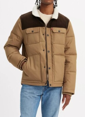 Levi's Men's Mixed Media Woodsman Puffer Jacket Tan and Dark Brown