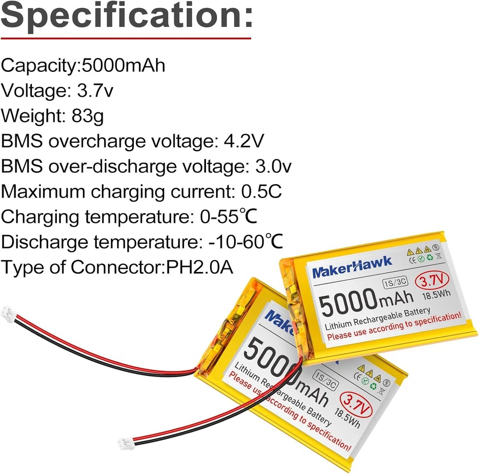 3,7 V 5000 mAh LiPo-Akku, wiederaufladbar, 1S 3C 105080 Lithium-Polymer-Akku - Bild 4 von 4