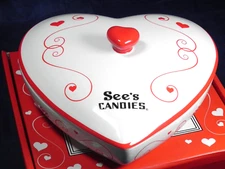 NICE See's Candies Valentine Heart Candy Dish Ceramic, Knob Handle, Original Box