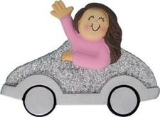 NEW CAR CHRISTMAS PERSONALIZED ORNAMENT GIRL IN SILVER CAR GIFT PRESENT