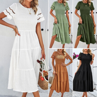 Coolmee Womens Summer Maxi Dress Hollow Out Short Sleeve Crew Neck Smocked Tiered Ruffle A Line Long Flowy Beach Dresses M White Coolmee Womens Summer Maxi Dress Hollow Out Short Sleeve Crew Neck Smocked Tiered Ruffle A Line Long Flowy Beach Dresses M White