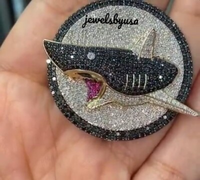 New Style Color Cubic Zirconia Custom 3D Shark Face Men's Pendant 925 Silver