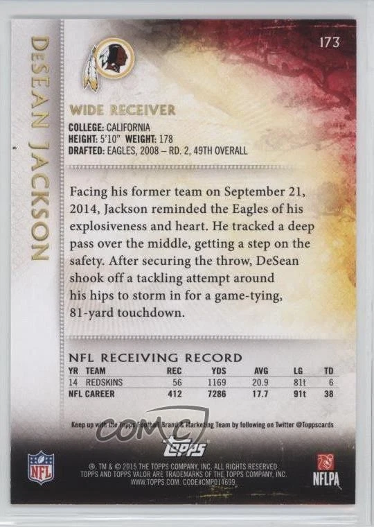 2015 Topps Valor Discipline /199 DeSean Jackson #173 - Image 2 of 2