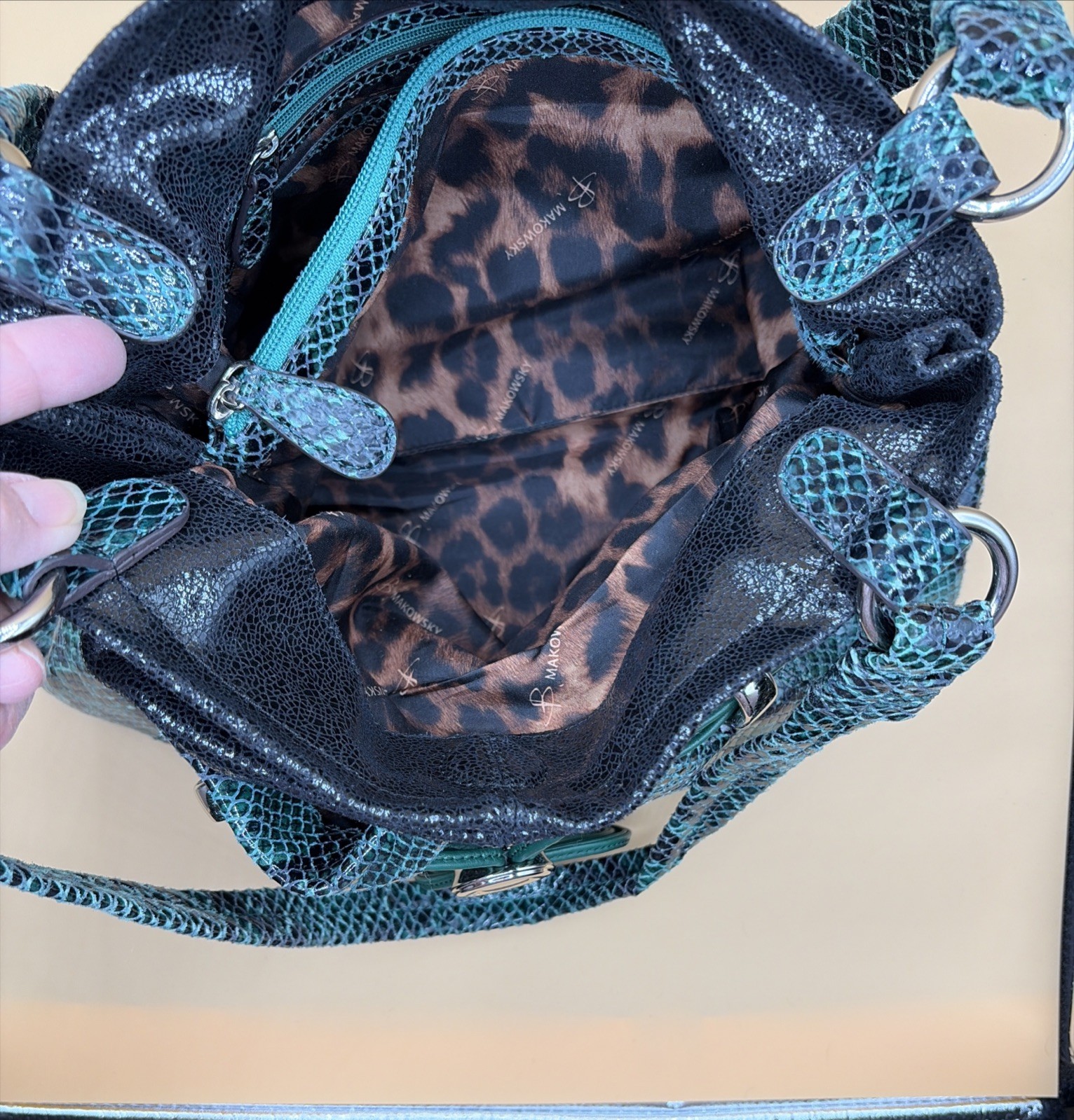 B Makowsky Green Python Print Leather Double Hand… - image 9