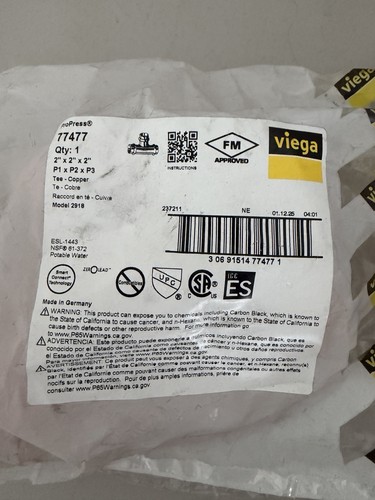 Viega 77477 ProPress 2 x 2 x 2 Copper Tee Model 2918 Lead Free