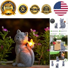 Resin Cat Statue with Butterfly, Solar-Powered for Enchanting Garden Ambiance