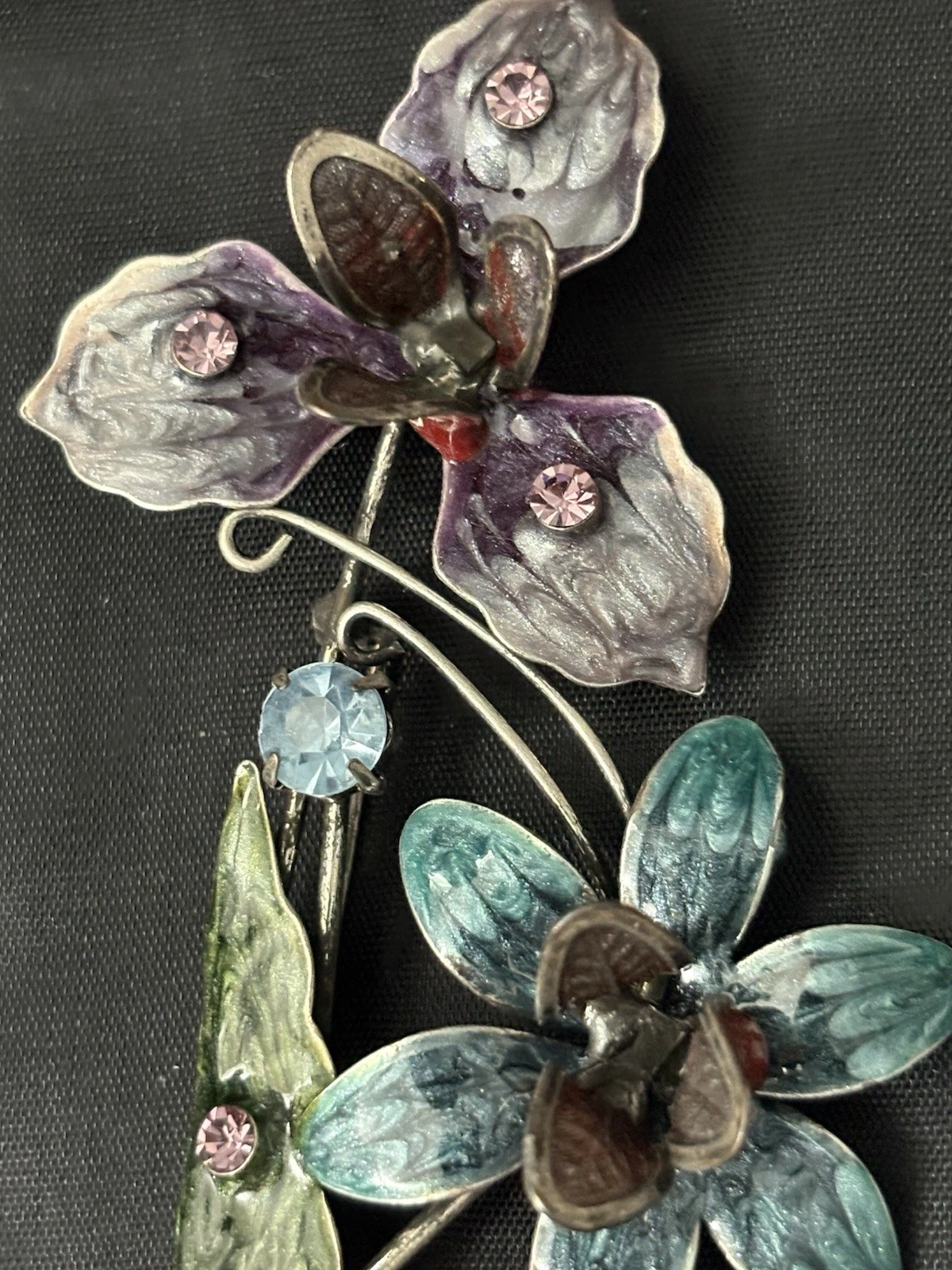 Vintage Enamel flower Brooch Mob Blue Pink Rhinestone Large 4.5”