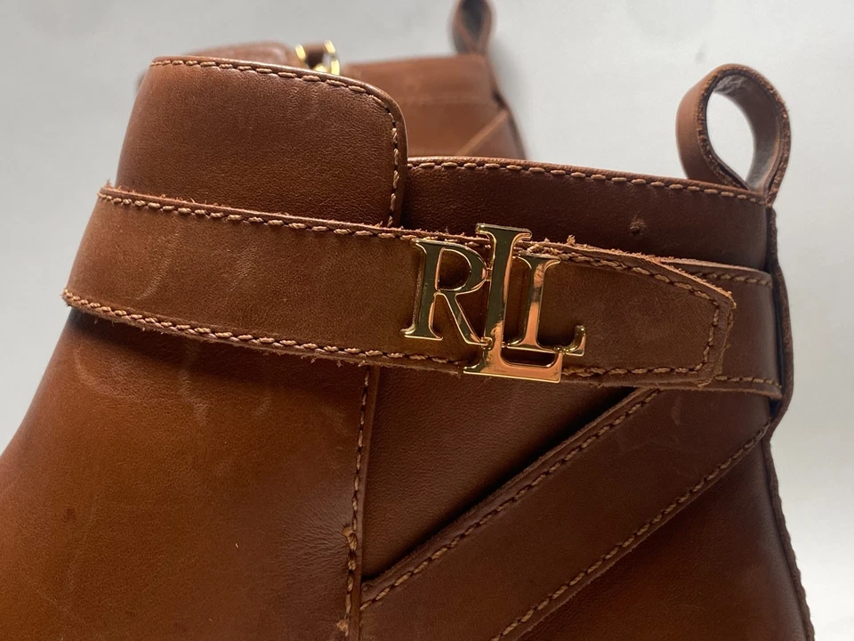 Botas al tobillo Lauren Ralph Lauren para mujer talla 8 B Bonne cuero coñac logotipo dorado Foto 4 de 4