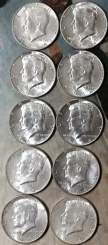1964 Kennedy Half Dollars - 10 Each - 90% Silver - About Uncirculated