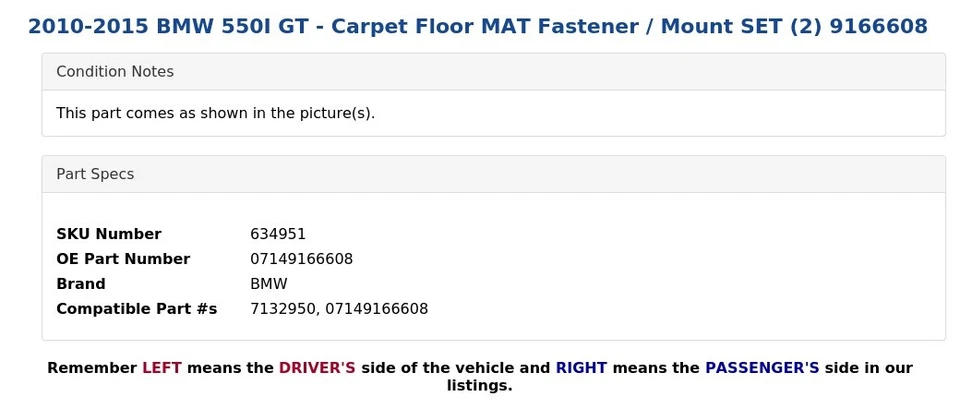 BMW 550I GT 2010-2015 - Juego de sujetador/montaje de alfombrilla de piso de alfombra (2) 9166608 Foto 2 de 2