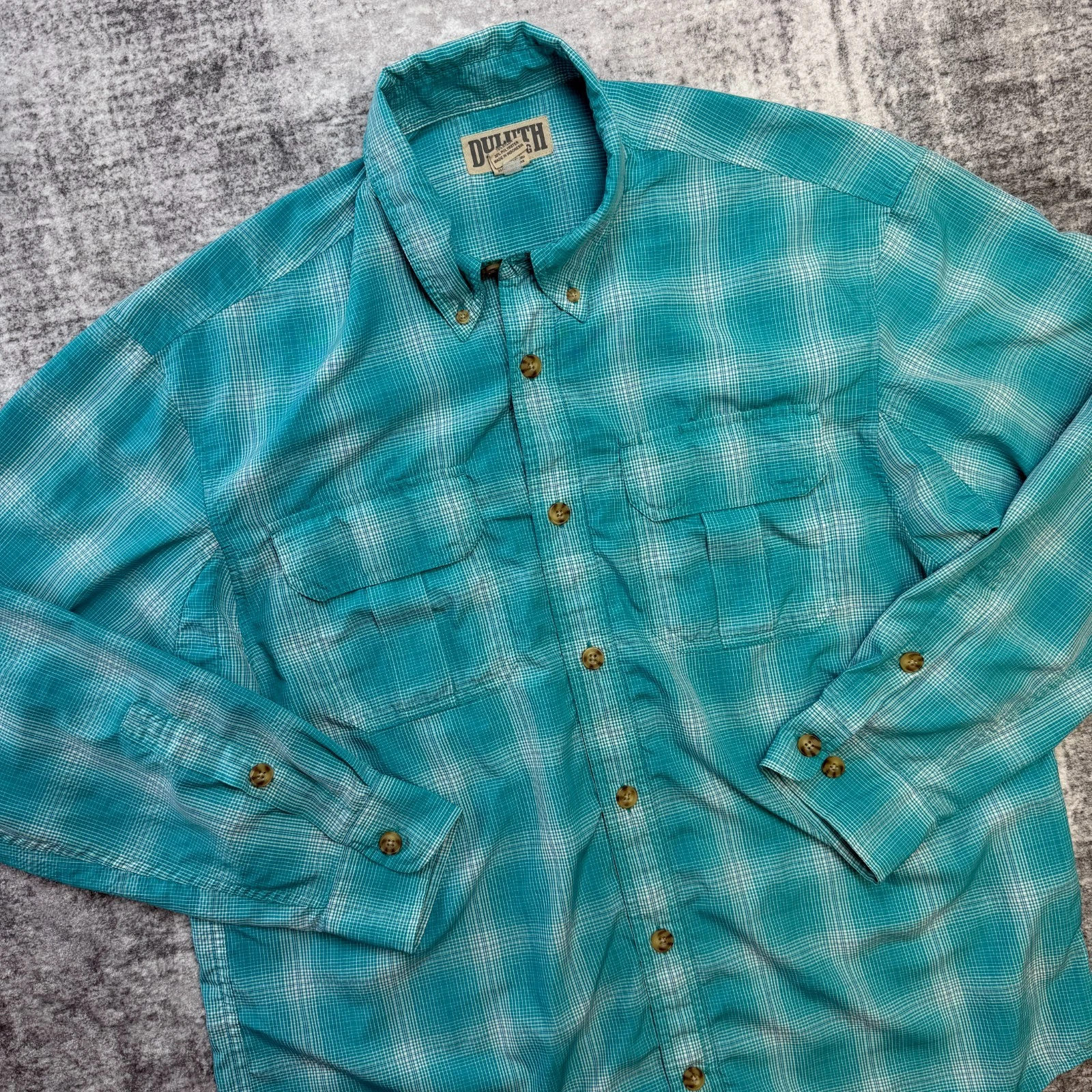 Duluth Shirt Men Large Teal Blue Nylon Button Down Roll Tab Fishing Camping Hike