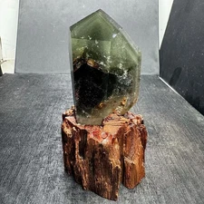 356g TOP natural Green Ghost quartz carved obelisk crystal wand point+Stand
