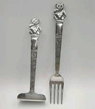 Toddler Teddy Bear Fork & Food Pusher Sweden ALP Extra PR Nickel Silver Vintage 