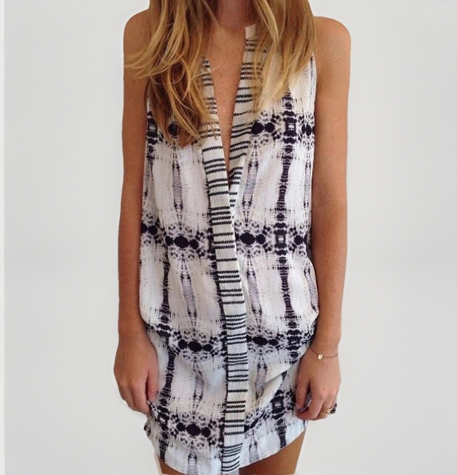 BEC & BRIDGE Epiphany Silk White Black Print Sleeveless Mini Shirt Dress 8AU/4US