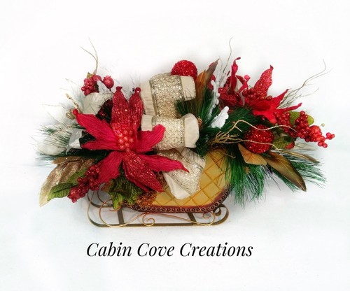 Christmas Sleigh Floral Arrangement Holiday Centerpiece - Picture 2 of 11
