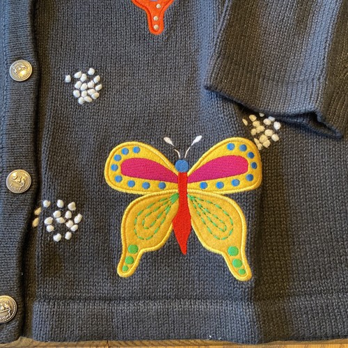 Quacker Factory Large Button Cardigan Sweater yellow blue purple bumblebees - Picture 2 of 6
