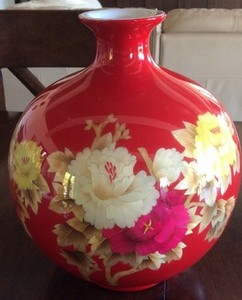 华丽 中国花瓶与大红色釉和镶嵌竹子花 Ebay