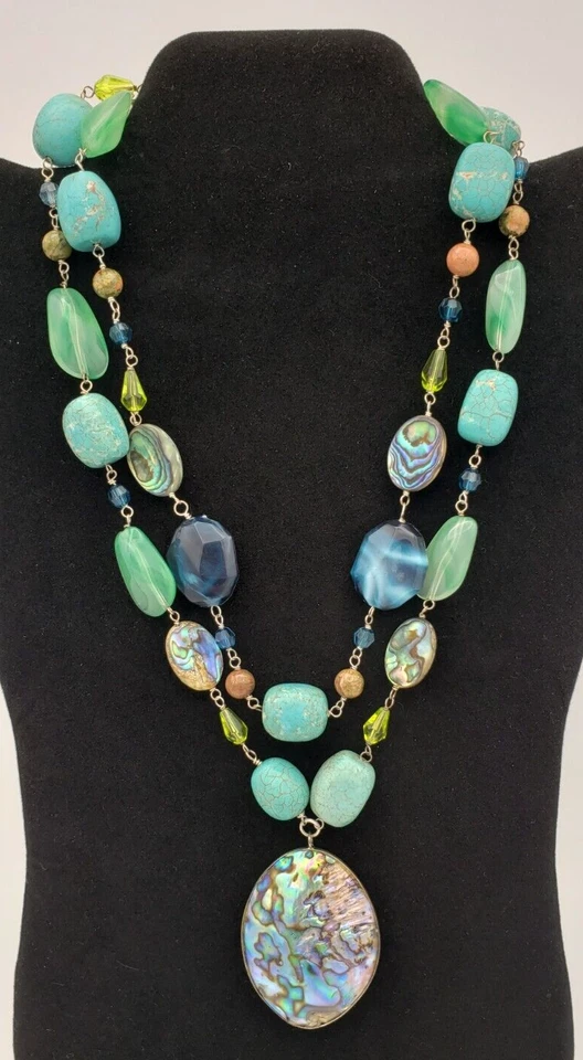 Collar concha de abulón con piedras multicolores y cuentas 23 pulgadas Foto 3 de 4