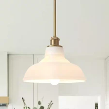 60-Watt 1-Light Dome Shaded Pendant Light Cream Glass Shade Copper & Hanging Rod