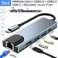 5 in 1 USB C Hub to RJ45 Ethernet Type C Hub Adapter Charger for Macbook 4K HDMI