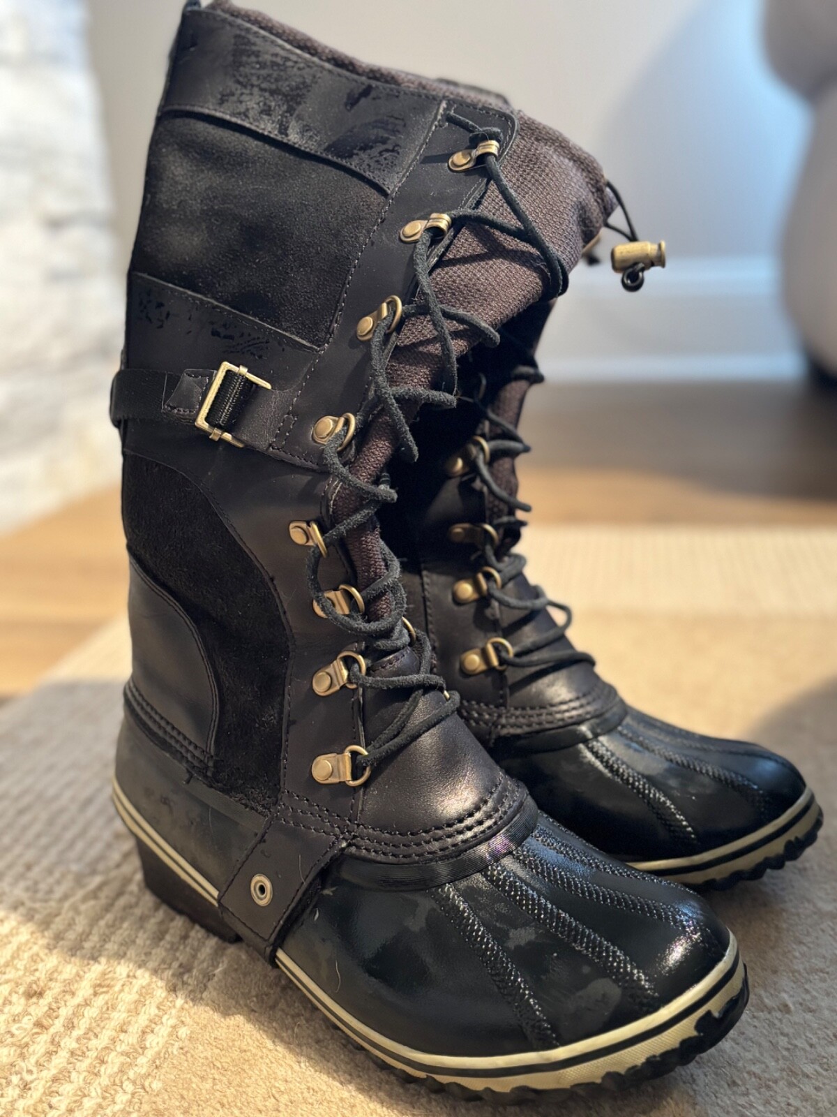 SOREL Black Suede Leather Lace Up Buckle Riding Boots Tall 10