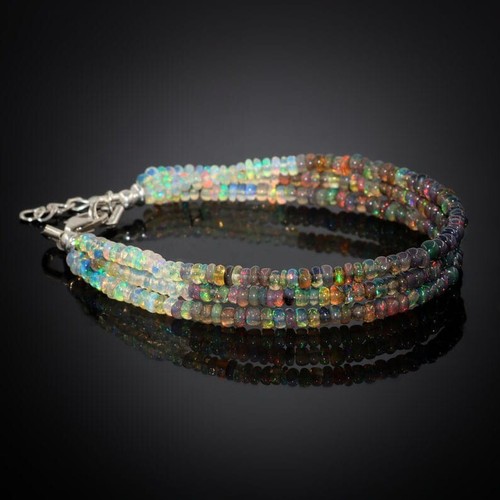 Genuine Black With White Ethiopian Fire Opal Beaded Bracelet Gift Jewelry - Picture 3 of 9