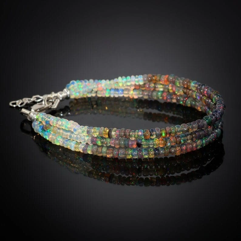 Original Schwarz mit Weiß Äthiopische Feuer Opal Perlen Armband Geschenk Schmuck - Bild 3 von 4
