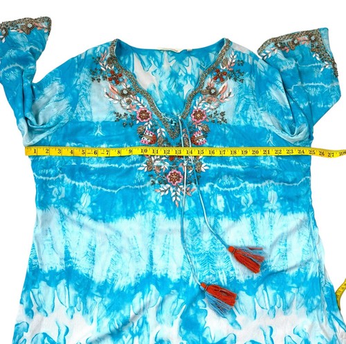Soft Surroundings Blue Tie Dye Beads Tunic Top Boho Hippie Peasant Turquoise 1X - Picture 9 of 14