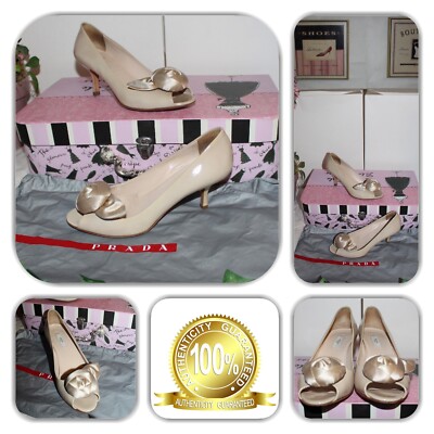   BEAUTIFUL PRADA TAN LEATHER PEEP TOE FLOWER PLATFORM PUMP HEELS ! 